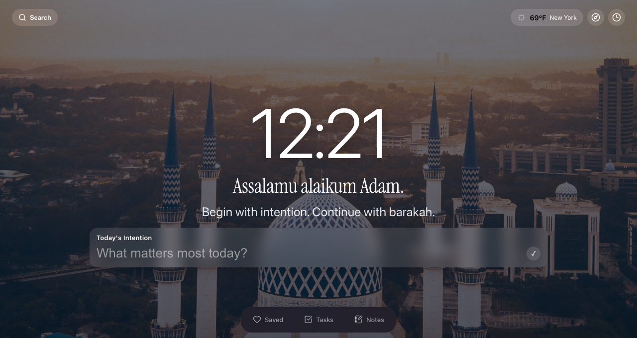 The Rhemn new tab: a clock, a greeting, and a single field asking what matters most today, over a quiet dawn mosque.